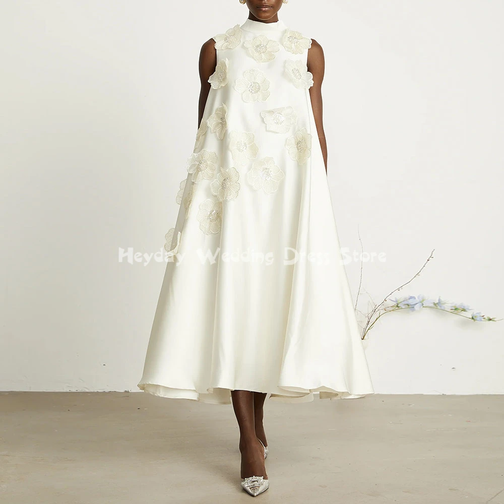 

Heyday Customized Women's High Neck 3D Flowers A Line Evening Dresses With Sleeveless Tea-Length Elegant Party Dresses 2025