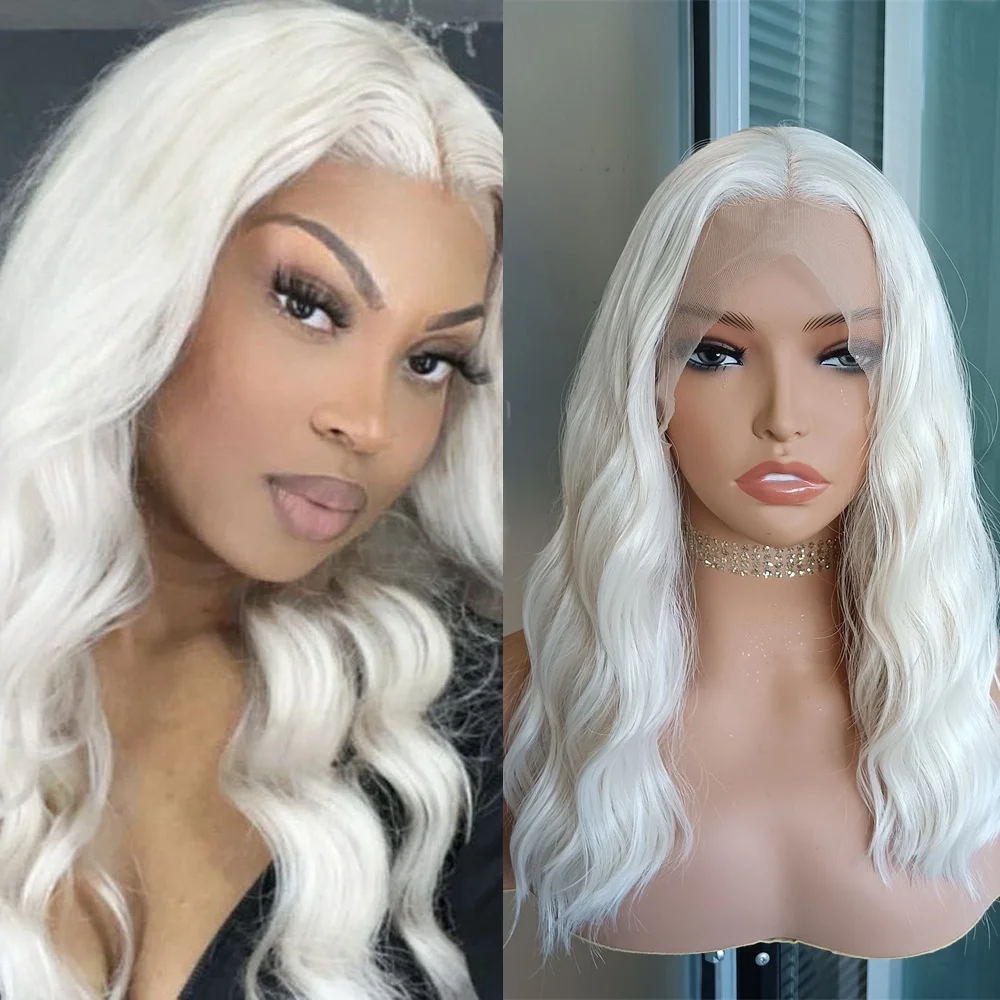 

RONGDUOYI Short Bob Wave Platinum Blonde Wigs Synthetic Lace Front Wig For Women Middle Part Curly Wigs Natural Hairline Cosplay