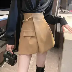 Irregular leather shorts women's autumn and winter design sense niche casual wide-leg pants slim Joker khaki skirt pants.
