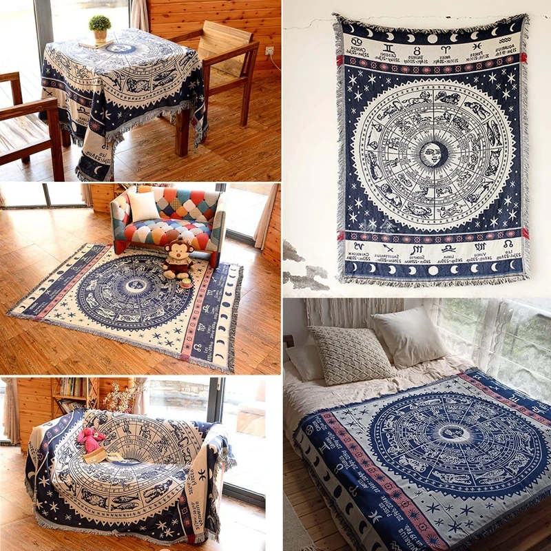 Inyahome Boho Woven Throw Blanket Reversible Cotton Bohemian Tapestry Hippie Room Decor Witchy Astrology Zodiac Celestial Carpet