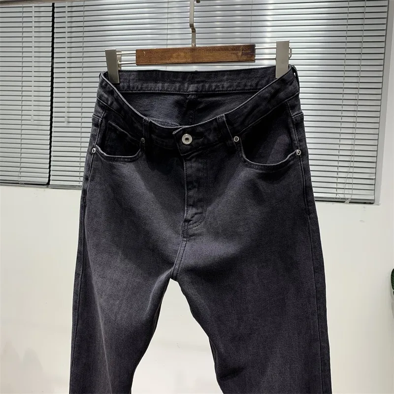 

Мужские прямые джинсы Thiened, темно-синие джинсовые брюки с талией, весенне-осенние повседневные удобные эластичные длинные брюки