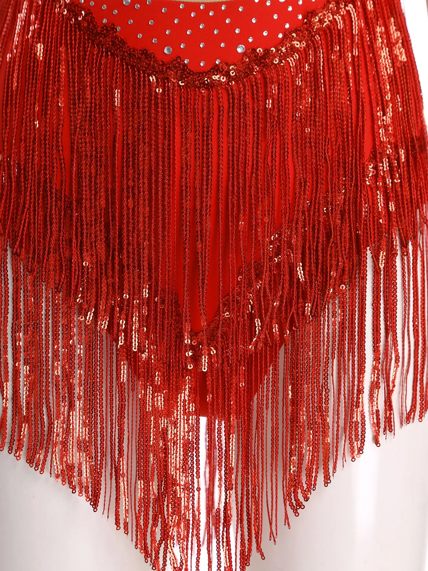 Body de patinaje artístico gimnástico con borlas de lentejuelas brillantes para mujer, mono de leotardo de baile latino Chacha Rumba de manga larga con diamantes de imitación