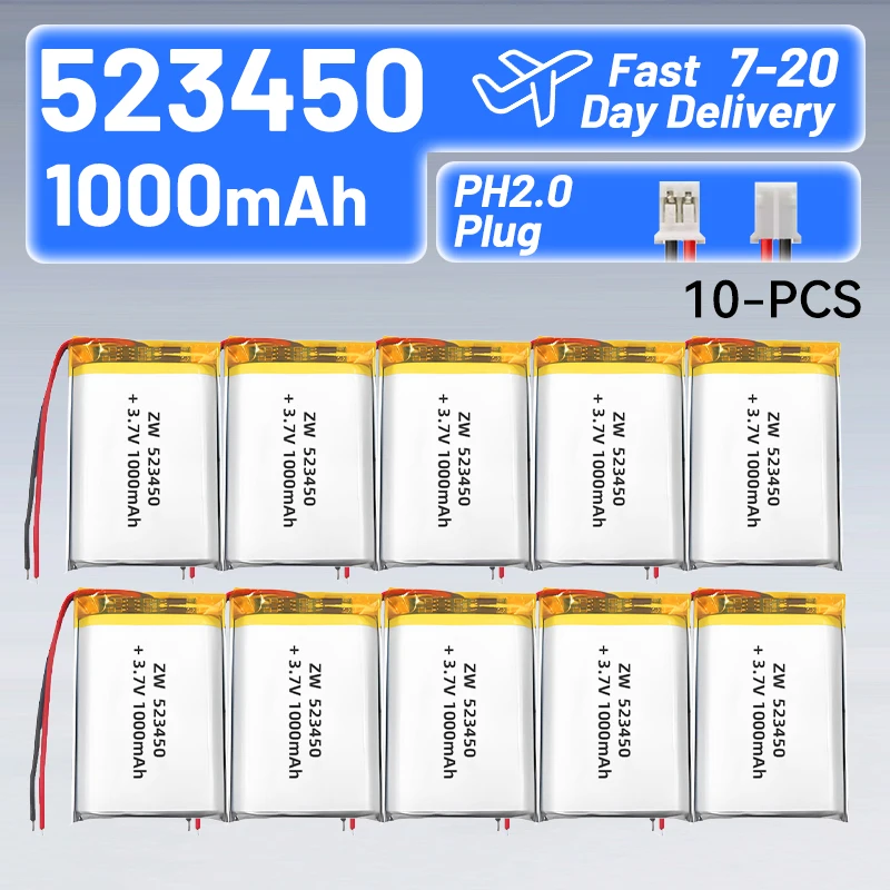 Pack of 10 Rechargeable 3.7V 1000mAh Lithium Polymer Batteries, Model 503450 / 523450, Equipped with JST PH2.0‑2P Plug, Compatib