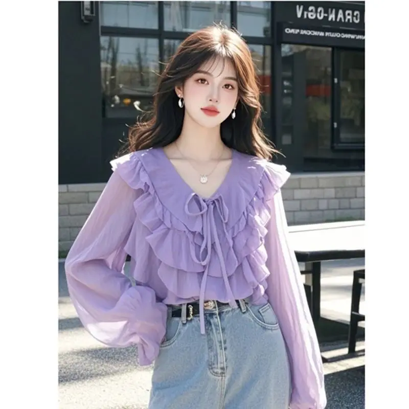 

2025 Spring And Summer New Shirt Super Good-Looking Unique Design Purple Ruffle Edge V-neck Shirt Women Top