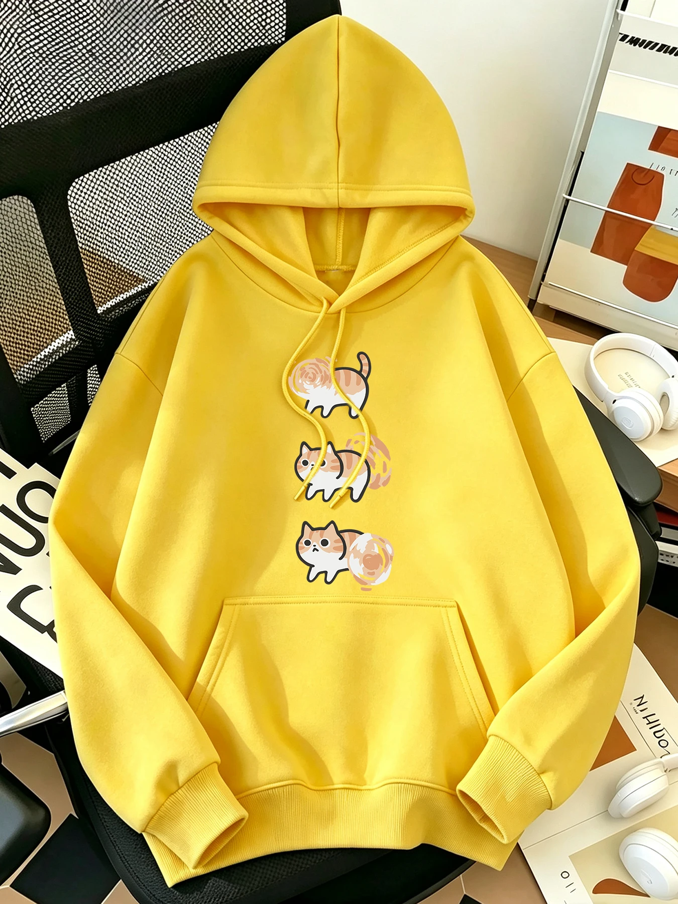 Creative Whirlwind Cat Pattern Couple Casual Loose Pullovers Youth Crewneck Hoodies Fleece Y2K Tops Multicolor Warm Streetwear