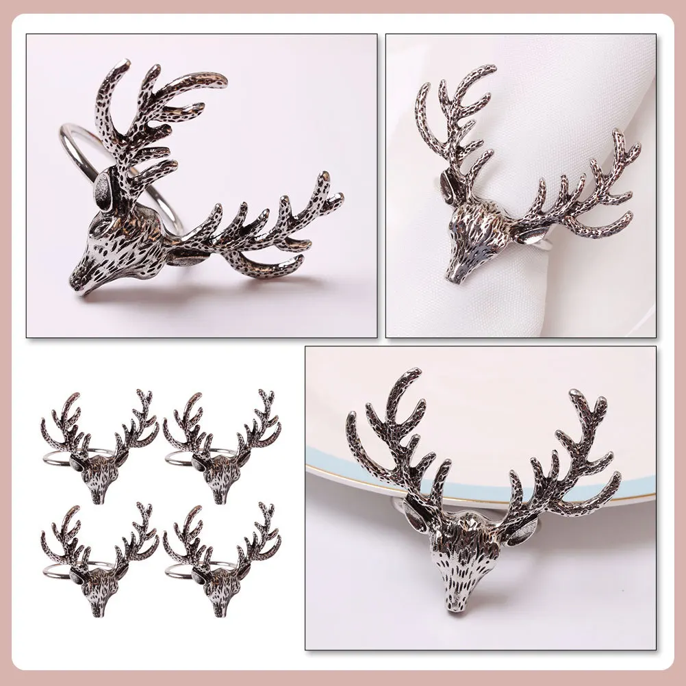 

4Pcs Deer Head Napkin Rings Alloy Festive Table Decor for Christmas Wedding Party Dining Home Kitchen Decoration Napkin Holders