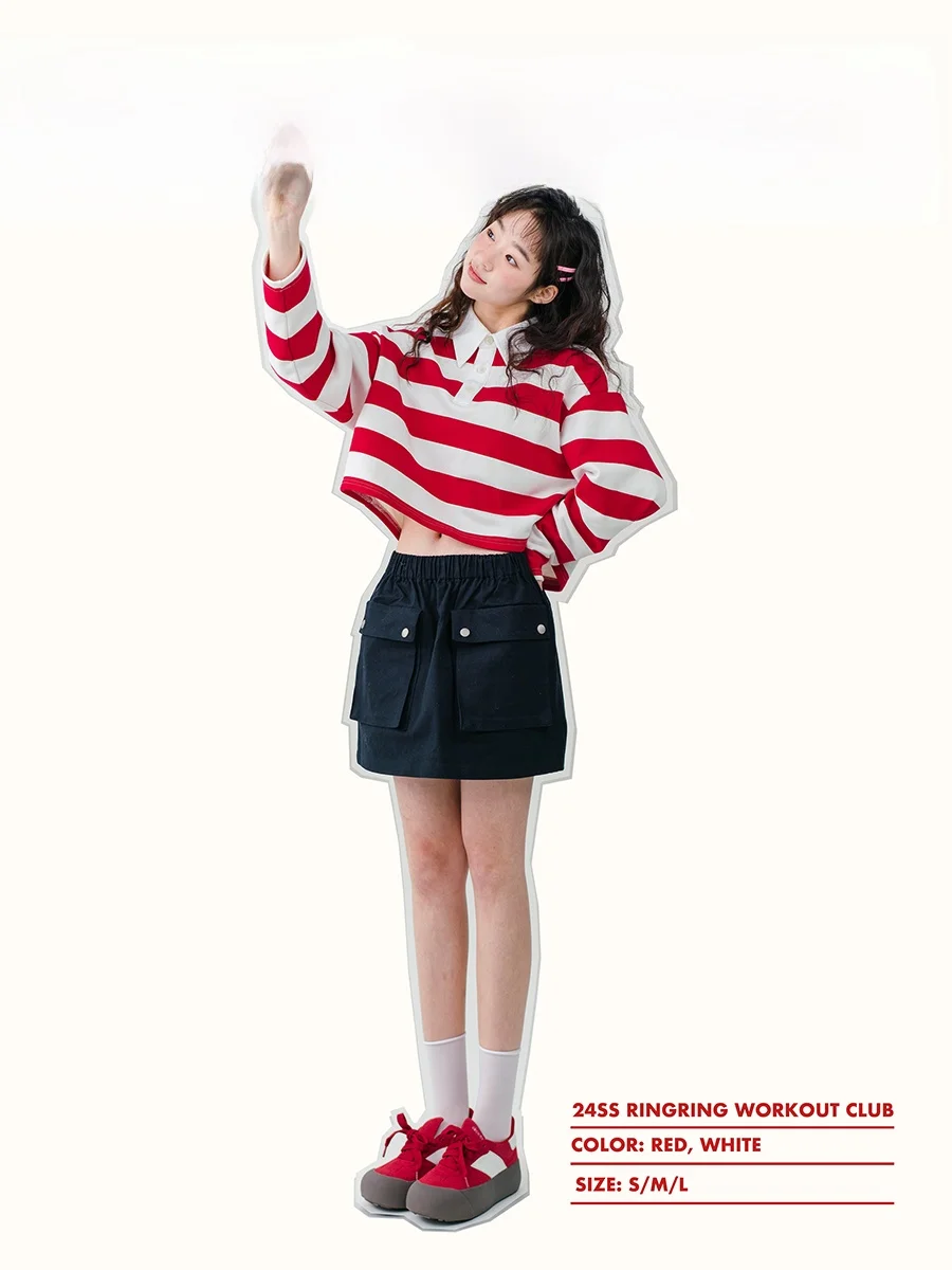 

RINING ort Stripe irt Color Blo Spring Cotton Long Sve Women's Casual Sle T-irt Red White Contrast Design