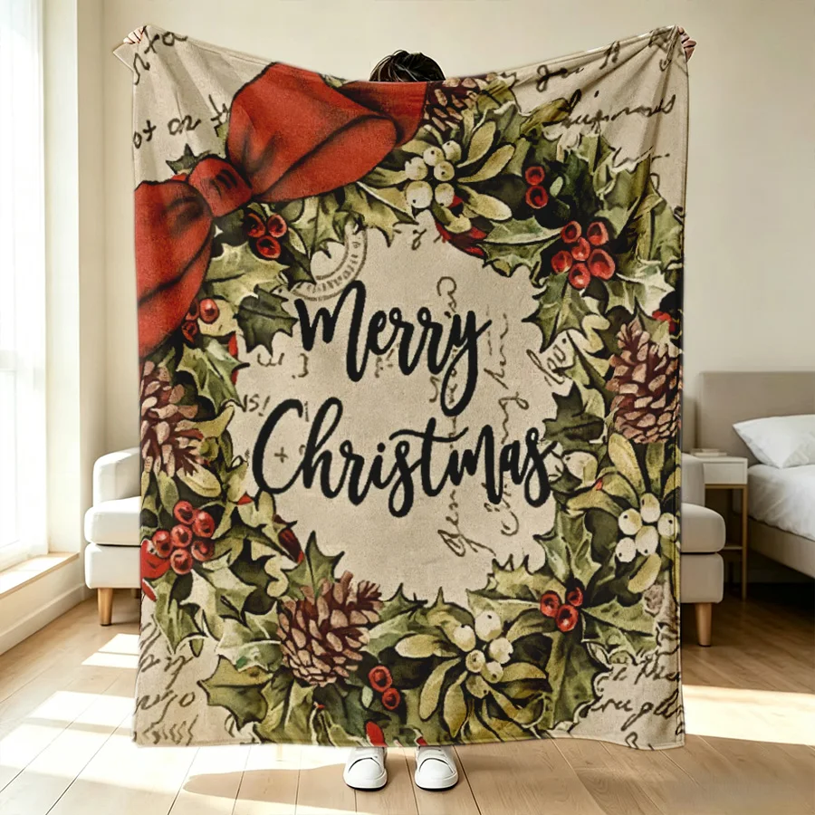 Vintage Christmas Wreath Pinecones Flannel Throw Blanket, Merry Christmas 2D Single-Sided Printed Holiday Decorative Blanket