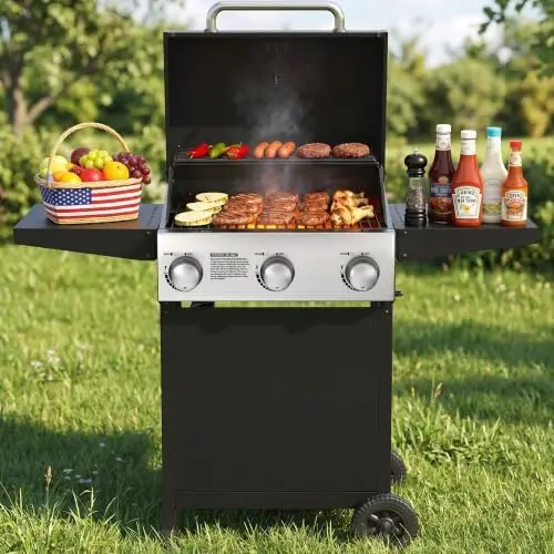 3 Burner Gas Grill, Outdoor Propane Grill with Wheels, 445 SQ. IN | Garden Barbecue Grill, 36000 BTU, Folding Side