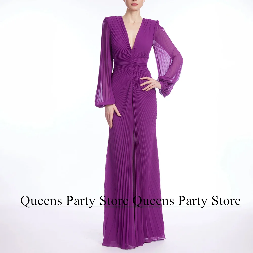 Woman Purple Wedding Guest Party Dresses Customized V Neck Puff Sleeves Pleat Chiffon Mermaid Mother of The Bride Dress