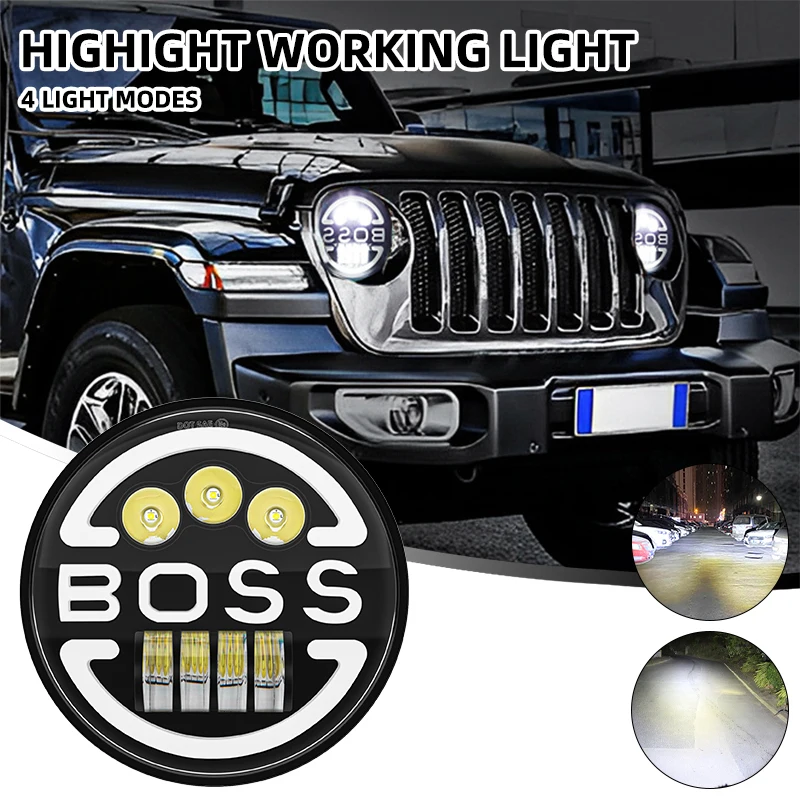 

7 Inch Motorcycle Round LED Headlight Angel Eyes BOSS Shape DRL Driving Turn Signal Lights For Auto Jeep Truck Offroad Work Lamp