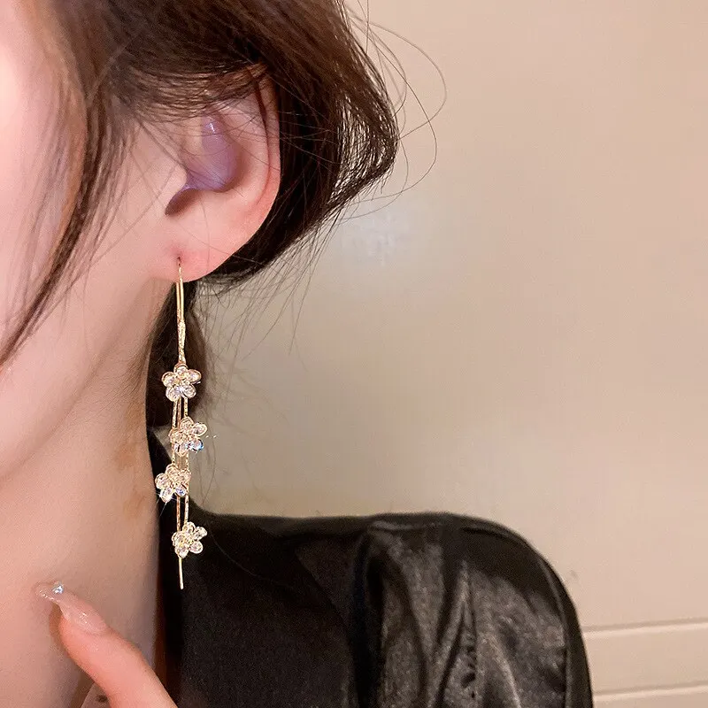 Flower Long Dangle Drop Earrings For Women Shiny Full Zircon Hanging Earring Summer Fashion Ear Jewelry For Party Wedding K0