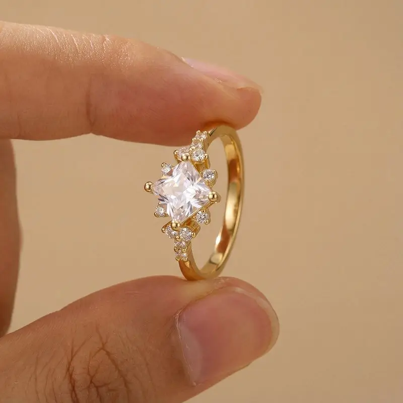 

Daily Wear Shining Square Cubic Zircon Rings for Women Gold Colour High Quality Female Accessories Wedding Party Jewelry
