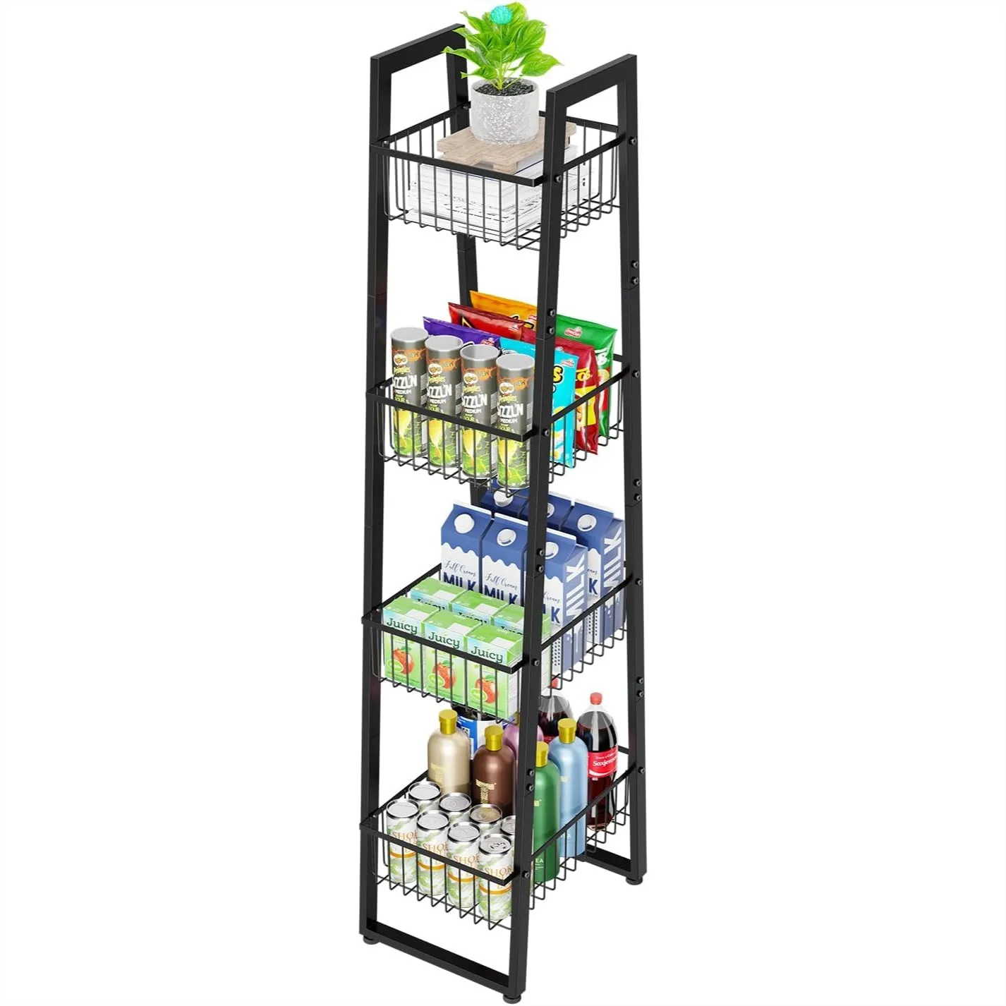 

4 Tier Wire Market Basket Stand for Fruit Vegetable Storage, Large Capacity Kitchen Organizer with Mesh Baskets, Black
