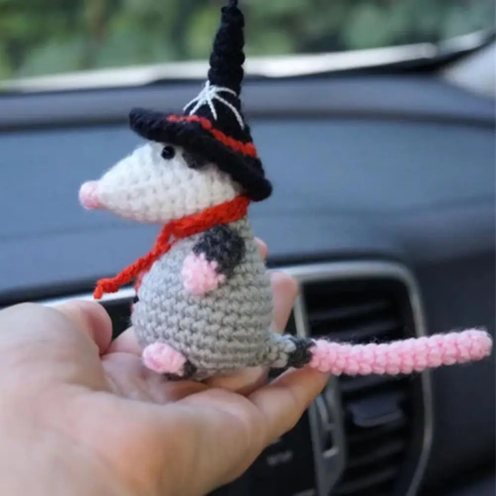 

Car Ornament Handmade Knitted Possum Car Charm with Lanyard Adorable Rearview Mirror Hanging Ornament Unique for Decor