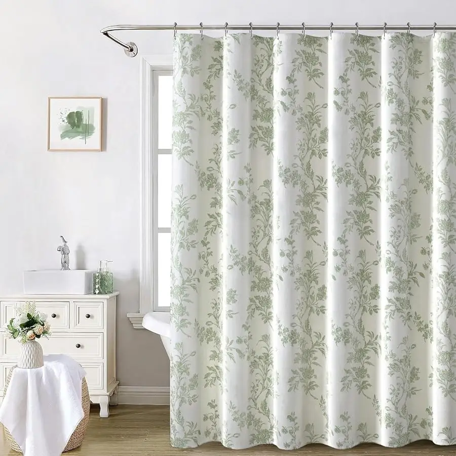 

Sage Green Shower Curtain,Cotton Floral Cottagecore Spring Shower Curtains for Bathroom 72" W x 72" L