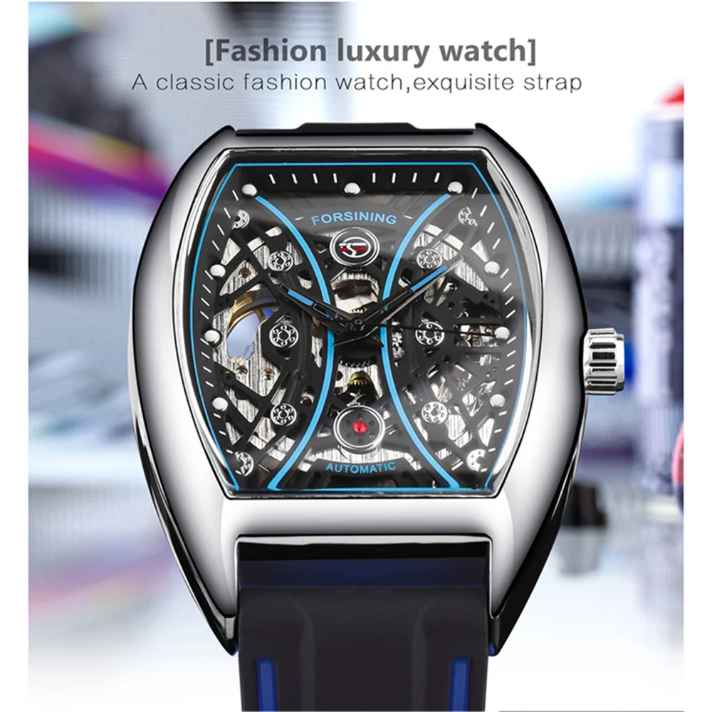 Forsining 76 Sports Outdoor Luxury Brand Automatic Watch for Men Luminous Black Skeleton Mechanical Watches Rubber Strap Clock