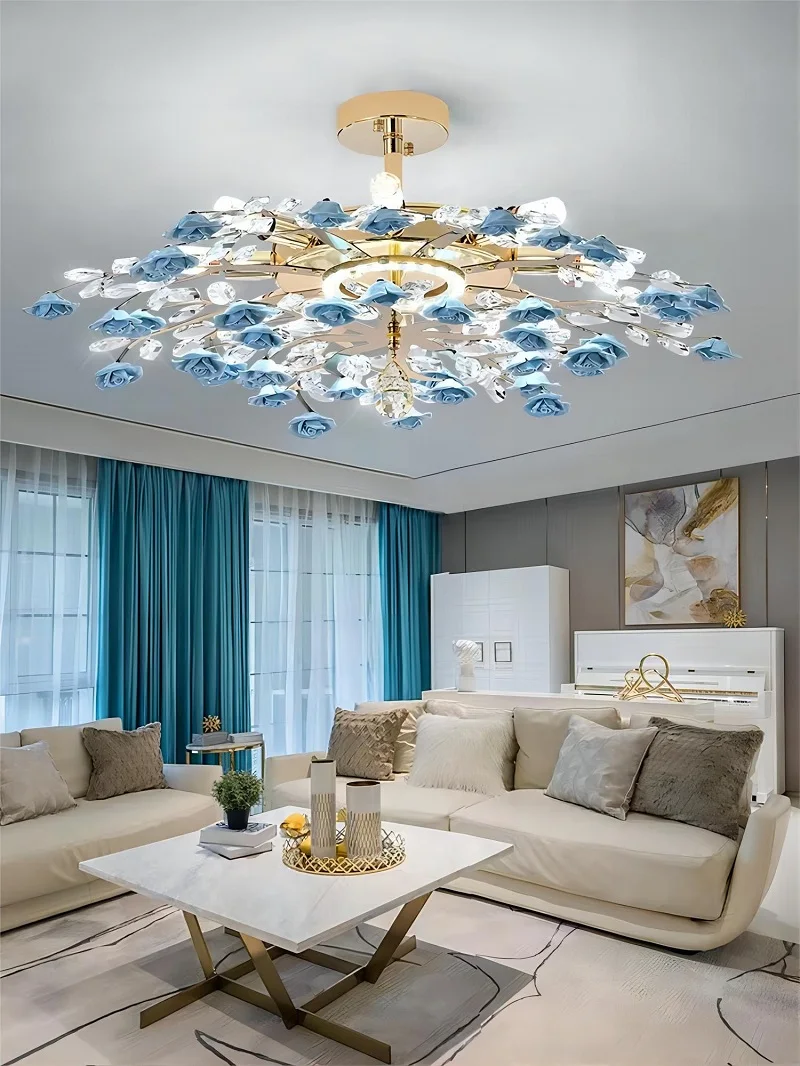 American Luxury Ceramic Flower Crystal Ceiling Light Nordic Postmodern Living Room Dining Room Bedroom LED Ceiling Lamp