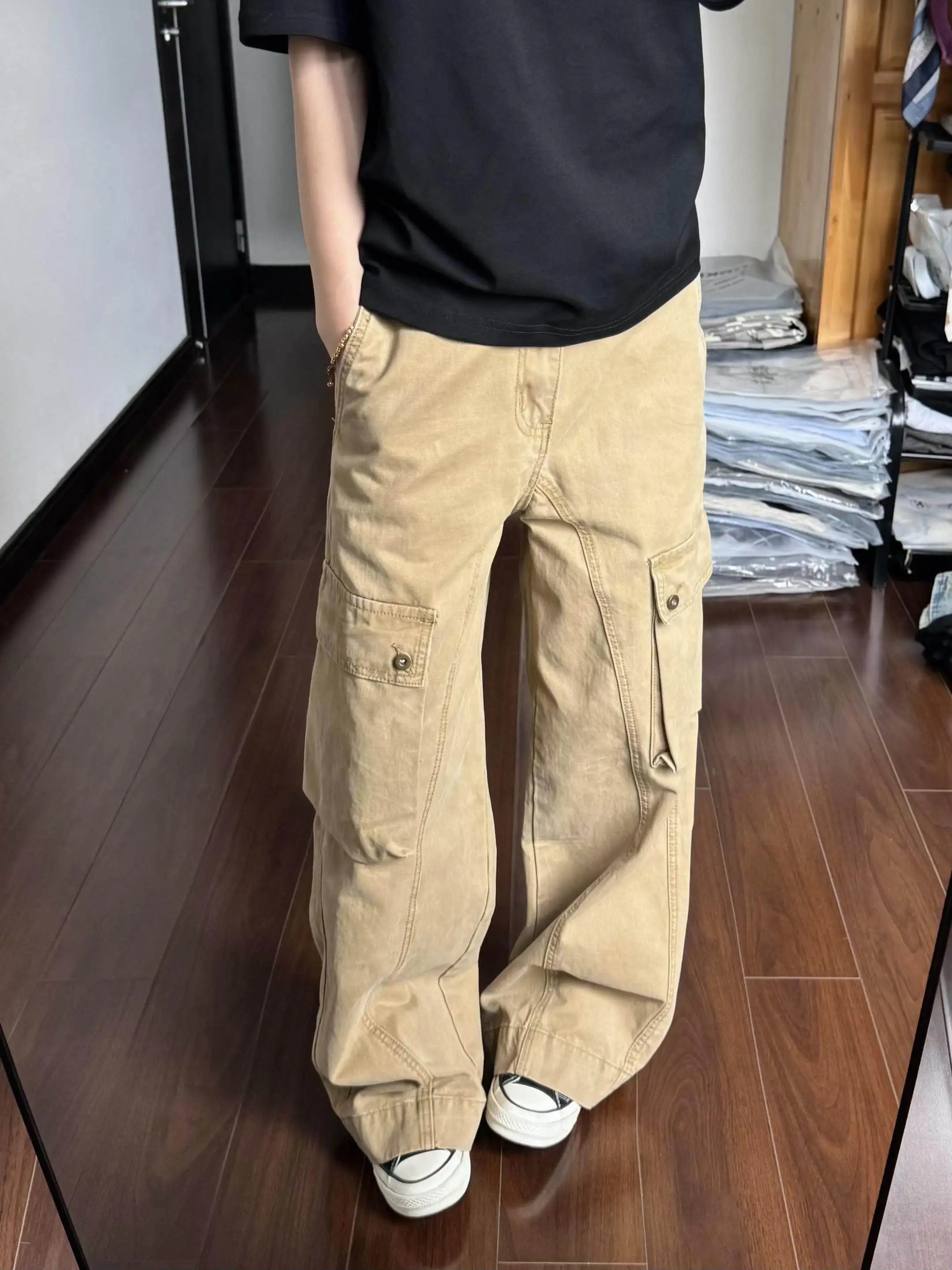 Calças de trabalho caqui com vários bolsos, estilo americano retrô, corte solto e pernas largas, para homens e mulheres, jeans de corte reto.