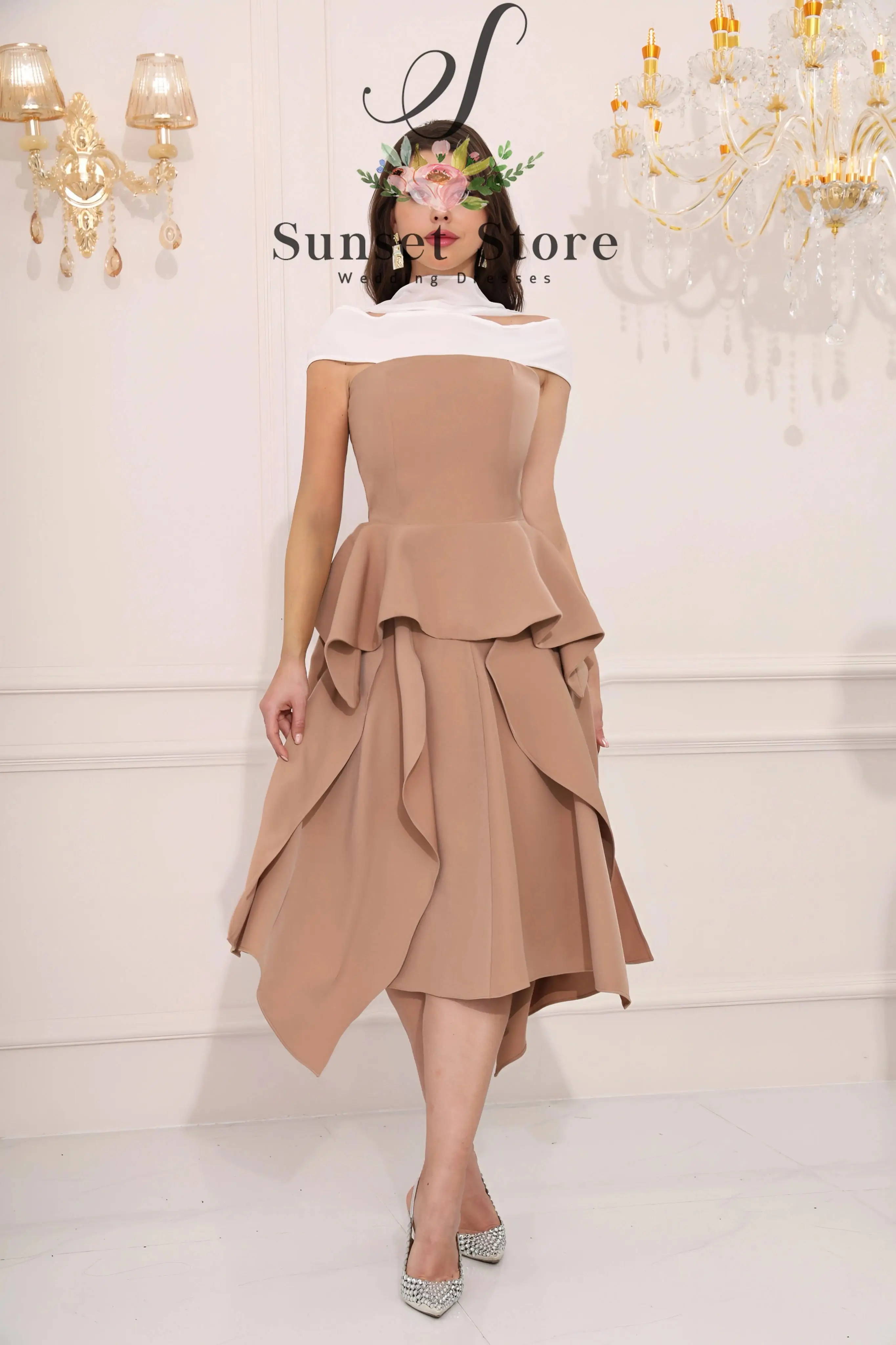Customized   Asymmetrical Peplum Wedding Guest Dress Off the Shoulder Midi Length Formal Party Dress Satin Short Prom Gown