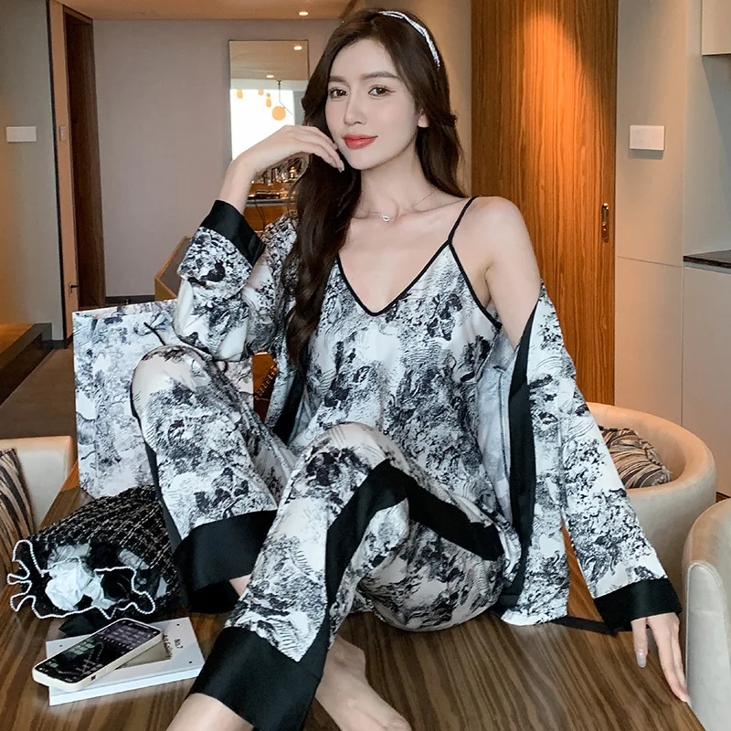 Women's Clothes Three-Piece Pajamas Spring and Fall Country Style Long-Sleeved Fashion Lace Elastic Homewear Suspenders Dress