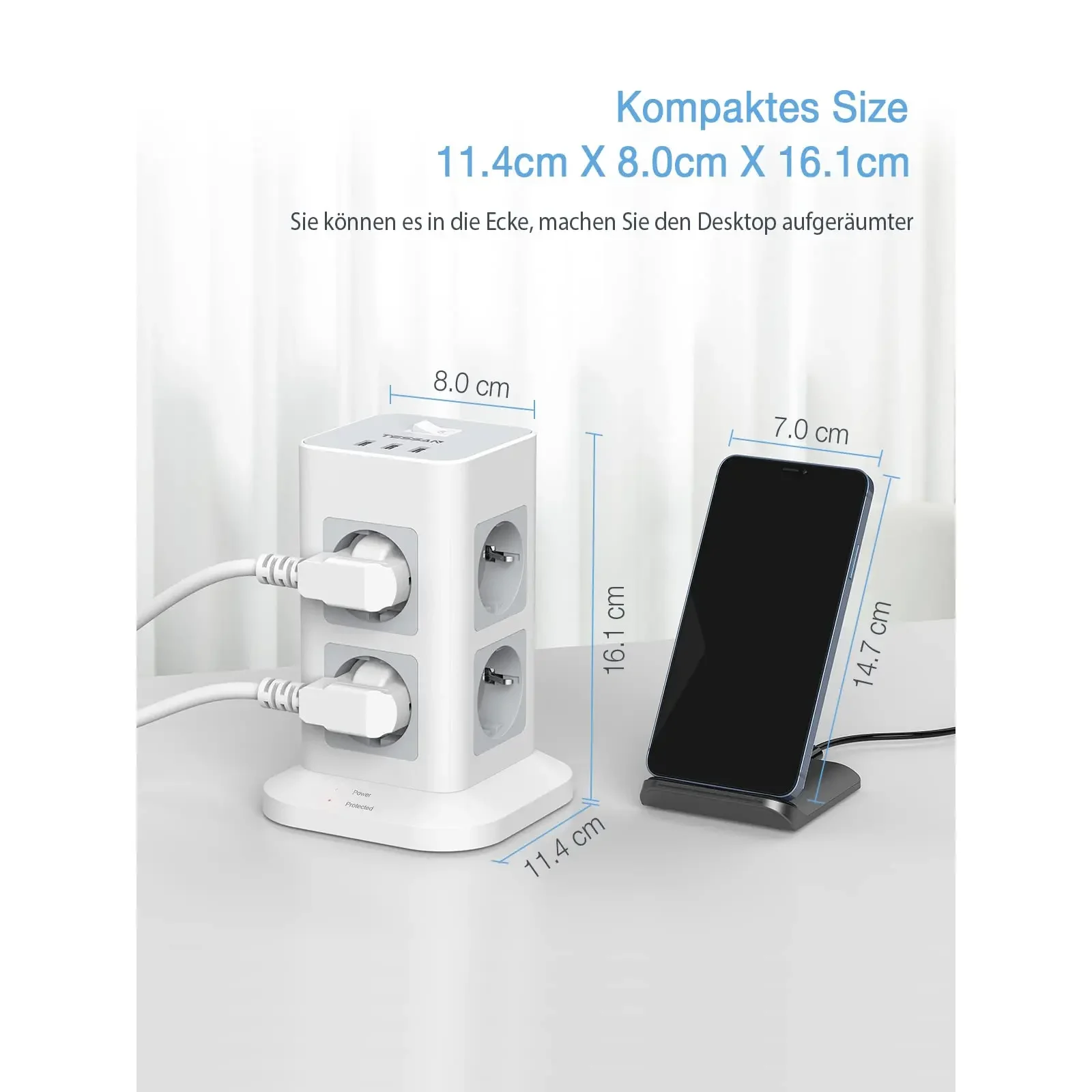 Przedłużacz TESSAN EU z 4/8 gniazdami AC z 3 portami USB i przedłużaczem 1,5 m/2 m do domowego biura