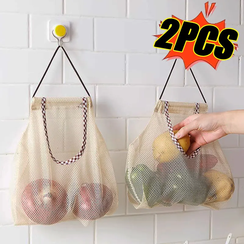 

1/2pcs Mesh Net Reusable Hanging Storage Bags Fruit Vegetable Garlic Onion Organizer Home Hollow Mesh Bag Kitchen Accessories