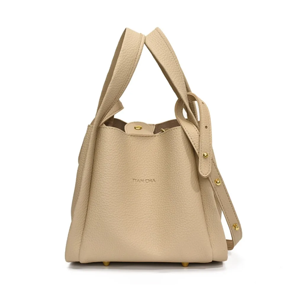 Solid Color Vintage Basket Bag Large Capacity Korean Style PU Leather Bucket Bag Mother Child Package Women's Tote Bag