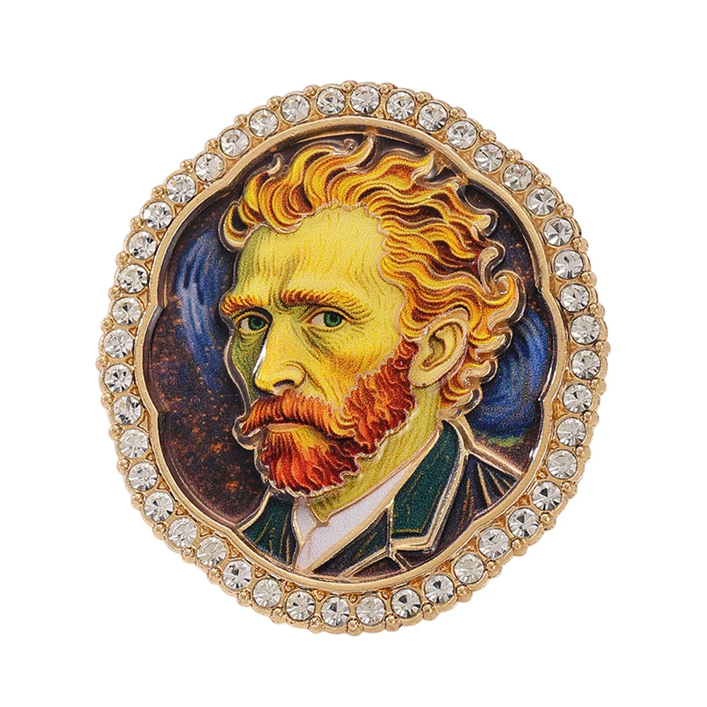 Van Gogh Self Portrait Enamel Brooch, Rhinestone Gold Frame Art Painting Lapel Pin, Vintage Artwork Metal Badge, Artist Jewelry