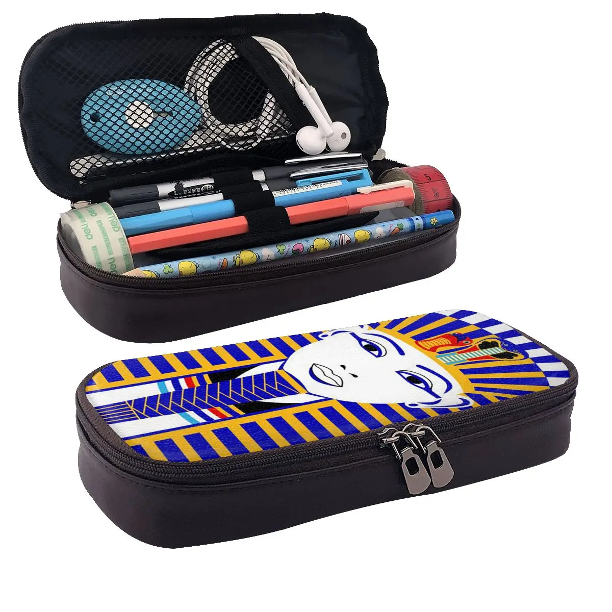 Egyptian Pharaoh With Golden Crown Illustration Leather Pencil Cases Pen Holder Stationery Supplies Pen Box Pencil Bag for Kids