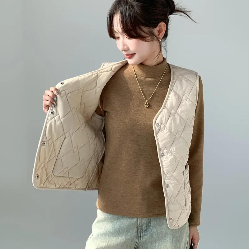 Chaleco forrado de lana para mujer H117, ropa de abrigo corta deportiva y cálida, camiseta sin mangas informal a la moda para Otoño e Invierno con cuello en V