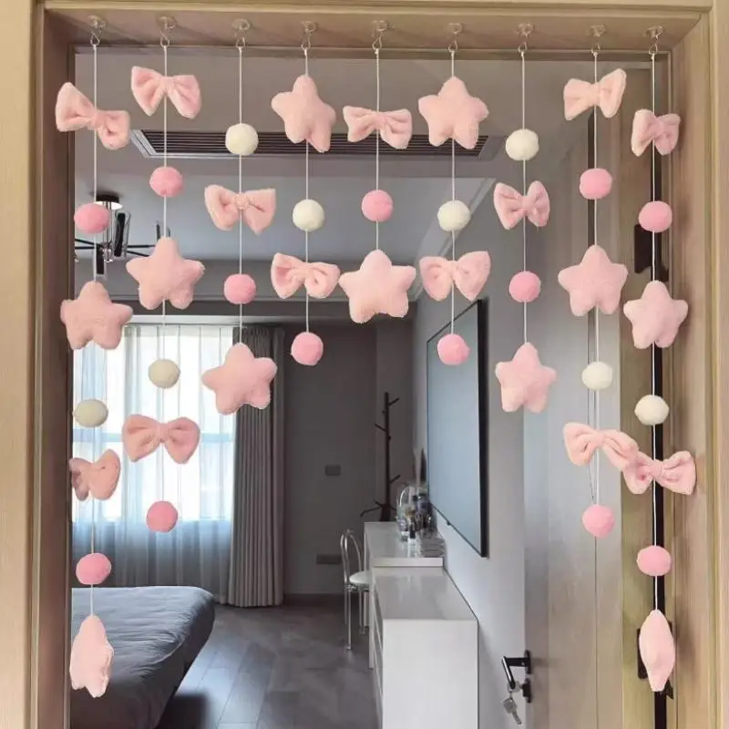 

7Pcs Lint Cute Knot Heart Door Curtain No Punching Room Divider Portable For Bedroom Bay Window Girl Decor Accessories
