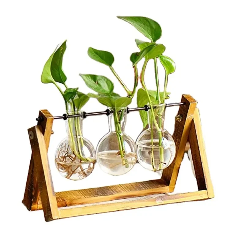 

Home Garden Office Decoration Plant Terrarium with Wooden Stand Air Planter Bulb Glass Vase Metal Swivel Holder