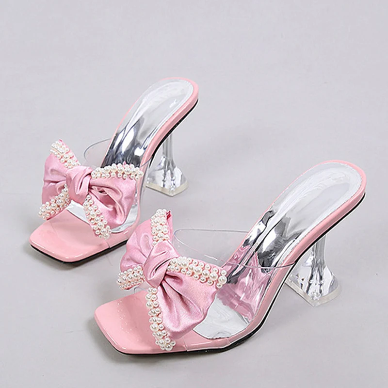 Liyke 2024 New Style Pink Women Slippers Sandals Fashion Pearl Bowknot High Heels PVC Transparent Shoes Summer Mule Slides Pumps