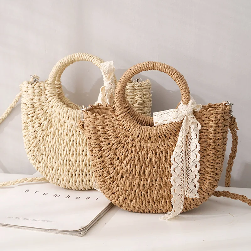 Straw Bag Women Hand-Woven Handbag Moon Shape Lace Bow Rattan Bag Big Capacity Drawstring Casual Beach Shoulder Crossbody Bag