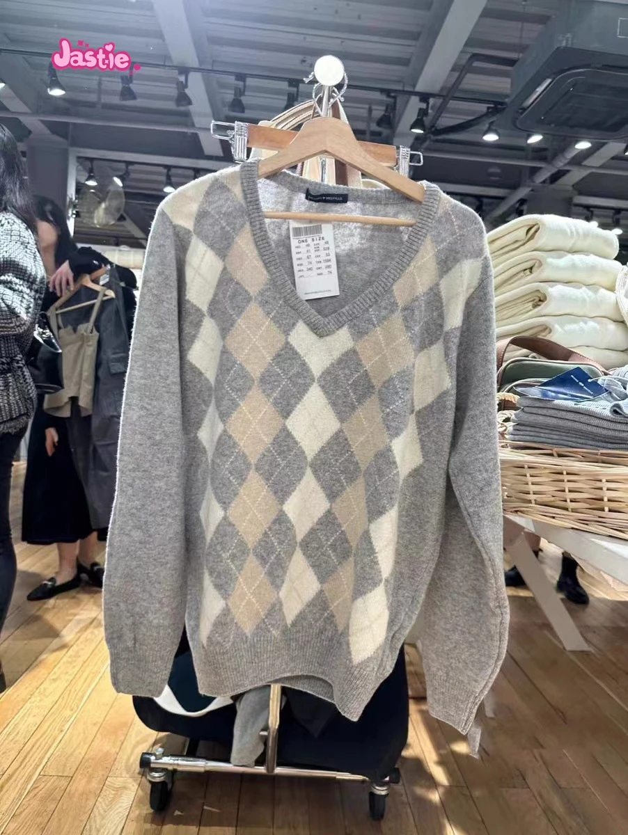 Khaki Gray American Retro V-neck Winter Sweater Geometric Patterns Loose Street Y2K Women Tops Chic Knitting Autumn Pullovers