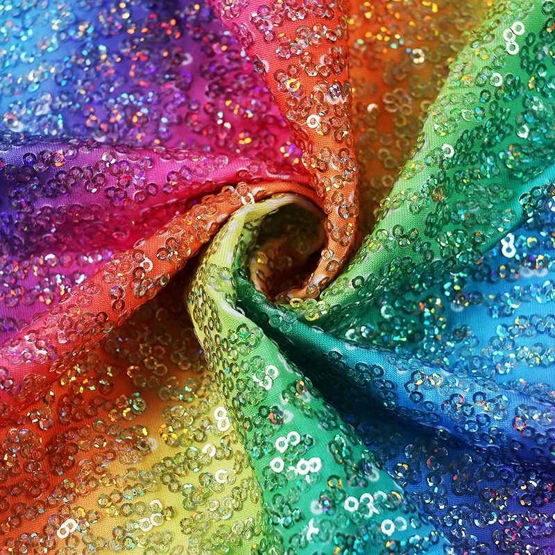 Glitzy Embroidery Sequin Rainbow Printed Stretch Knit Ground  For Clothsing Making Party Events And Dancewear Fabric