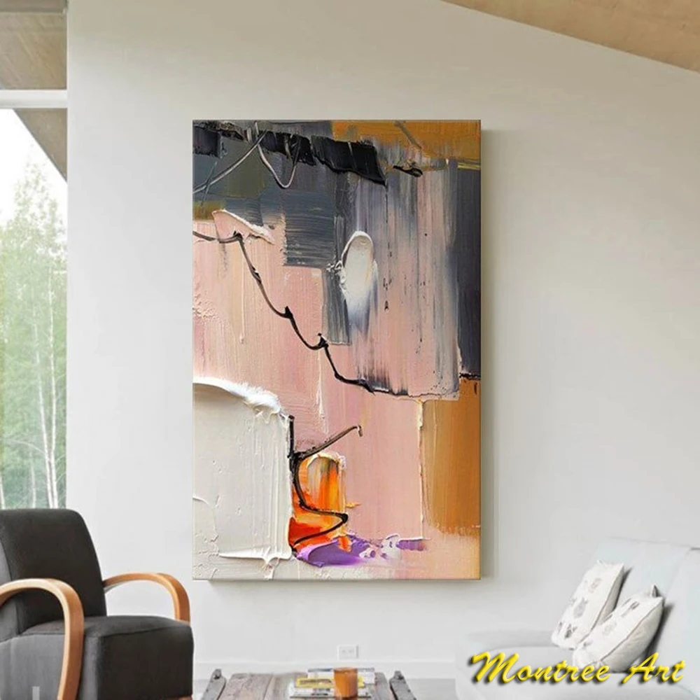 Hand Painted Oil Painting Pink Grey and Tan Abstract Art Oversized Art Abstract Brush Stroke Modern Wall Art Decorative Painting