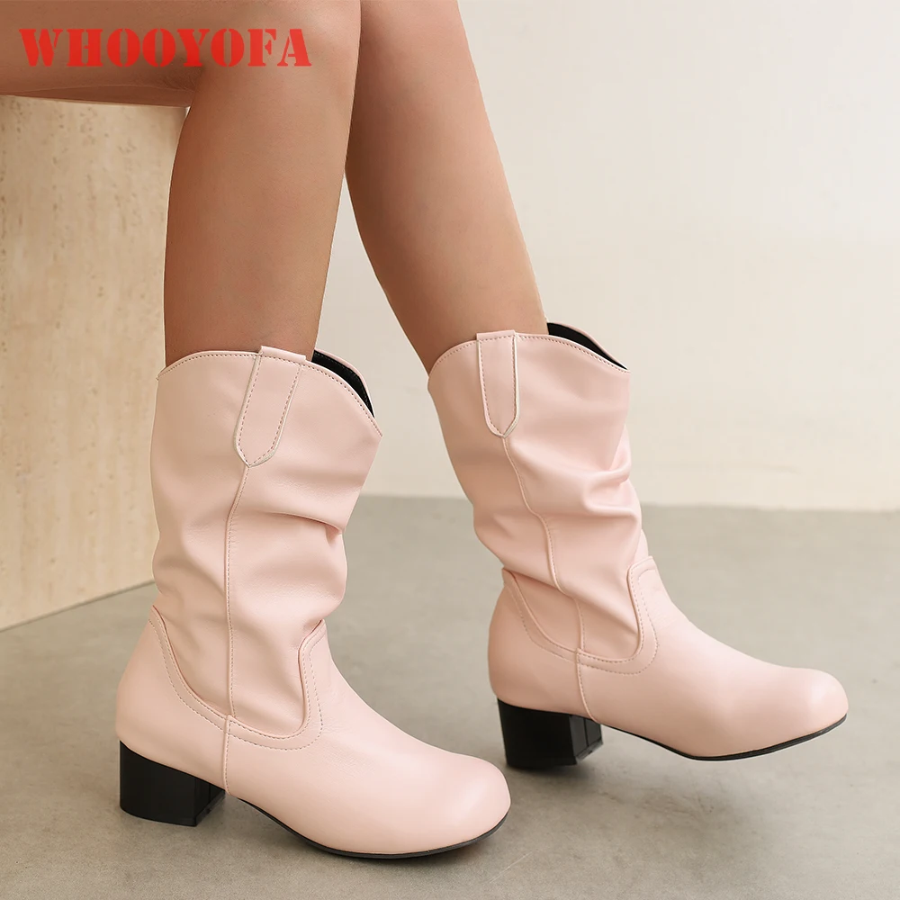 

2025 Новые зимние классические розово-желтые женские ботинки до середины икры с круглым носком на среднем каблуке, женские туфли плюс маленький большой размер 12, 30, 436, 48 50