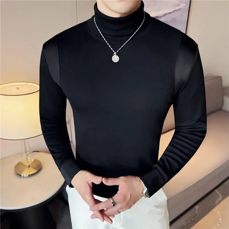 

Foldable high collar spliced long sleeved men's autumn and winter new style business fashion elastic base shirt slim fit T-shirt