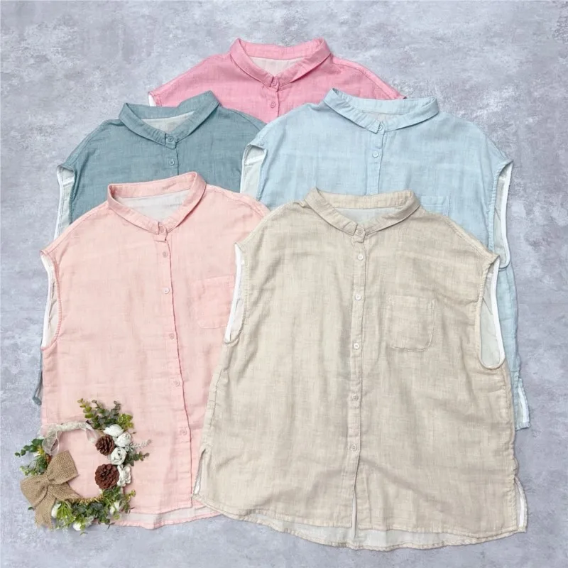 

Johnature Japanese Sleeveless Roll-neck Shirt Summer Thin Loose Fashion Breathable Light Cotton Small Tops For Women