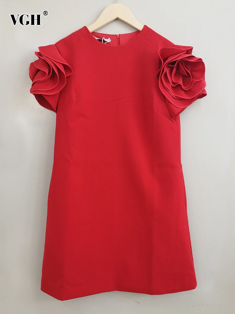 

VGH Solid Patchwork Appliques Loose Dress For Women Round Neck Short Sleeve High Waist Spliced Zipper Temperament Dresses Female
