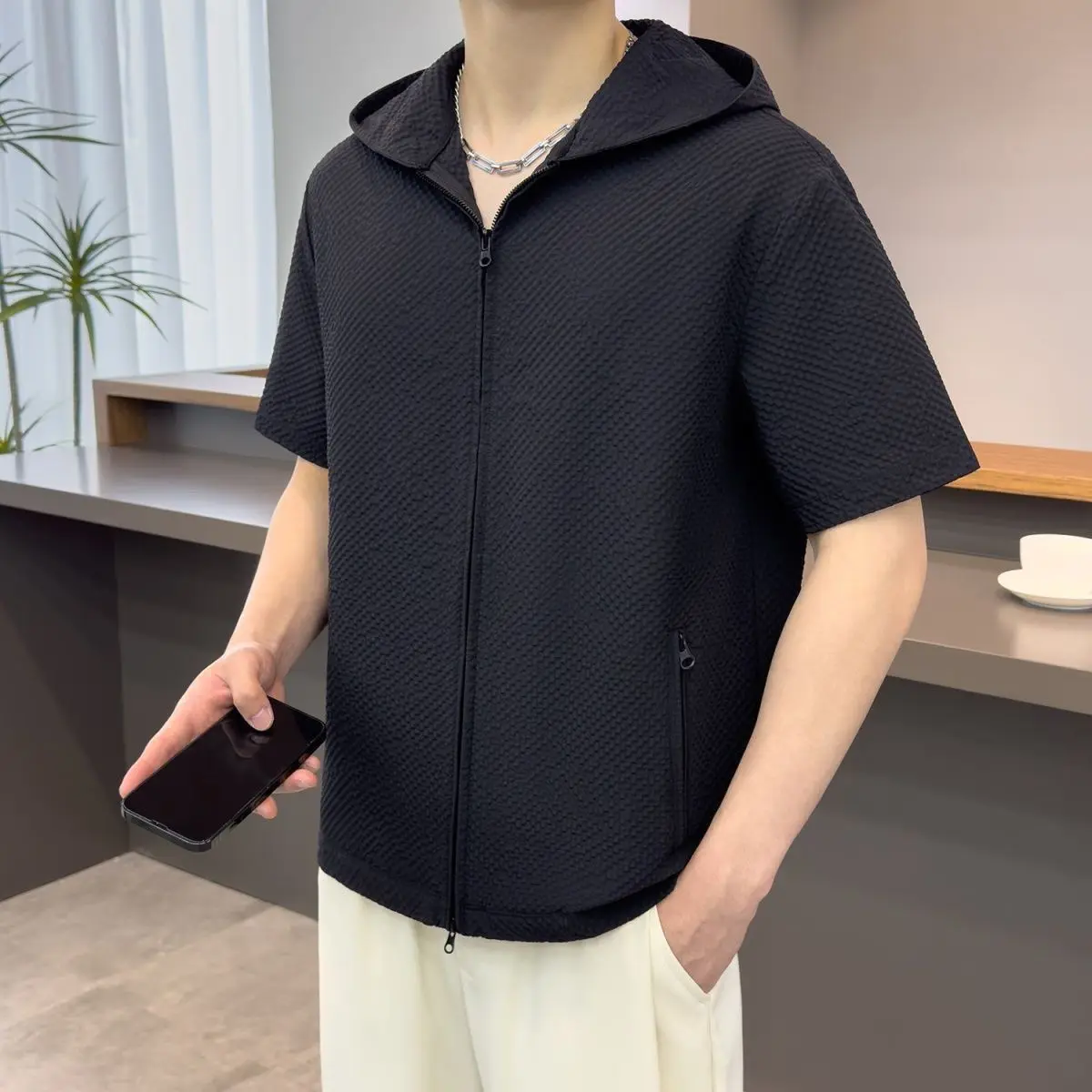 Men's Summer Popular Fashion Versatile Black Hooded Zip Short Sleeve Shirt Handsome Casual Loose Blouse