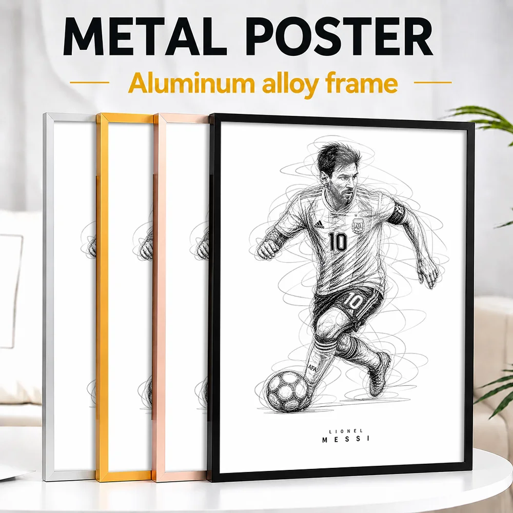 Lionel Messi Portrait Framed Aluminum Metal Poster Personalized Scribble Drawing Wall Art For Home Office, Football Fan Gift