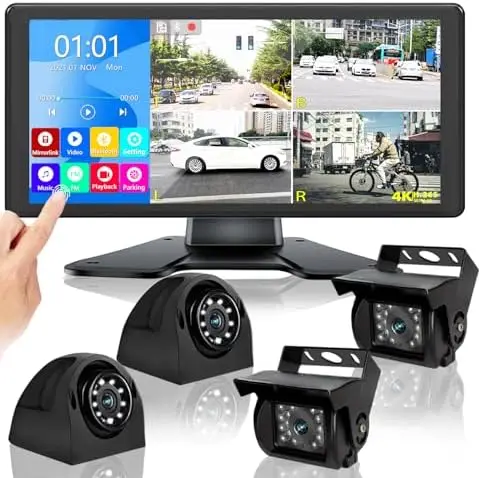 

Система камер заднего вида для автодомов 10,36 дюйма 4K с 4 HD-камерами 1080P, сенсорным экраном, DVR, Bluetooth, водонепроницаемость IP69