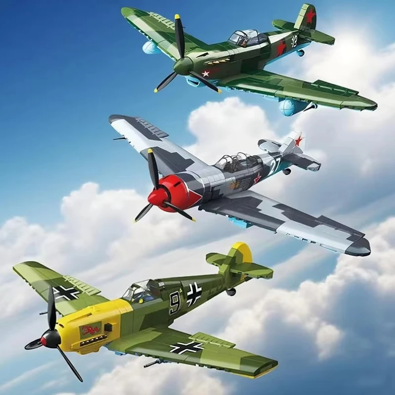 II. világháborús szovjet-német propelleres vadászrepülőgép építőkockák BF109-4 repülőgép Yak-1B katonai La-7 téglák játékok gyerekeknek felnőtteknek ajándék