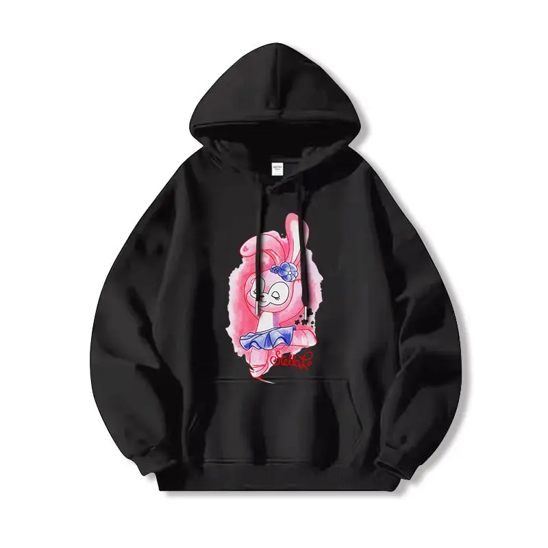 

Толстовка с рисунком кролика, женский хлопковый флисовый пуловер, весна-лето 2022, толстовка с графическим рисунком, черная основа, розовый кролик, синий цветок