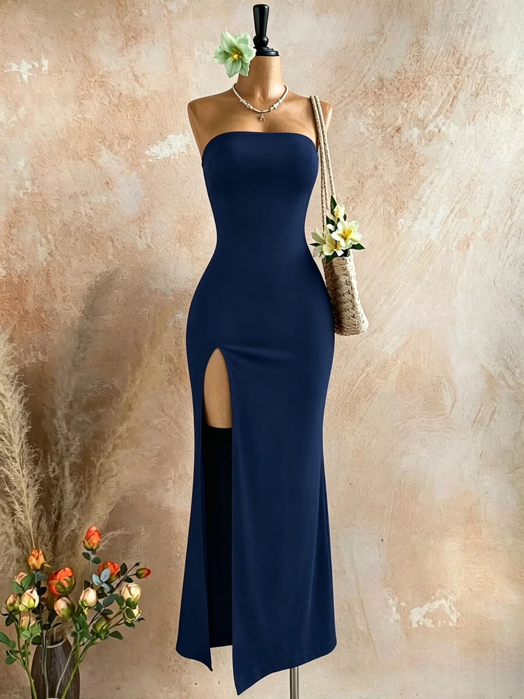 Damen Trägerloses Maxikleid mit Hohem Schlitz, Figurbetontes Sexy Langes Tube-Kleid – Detail 1