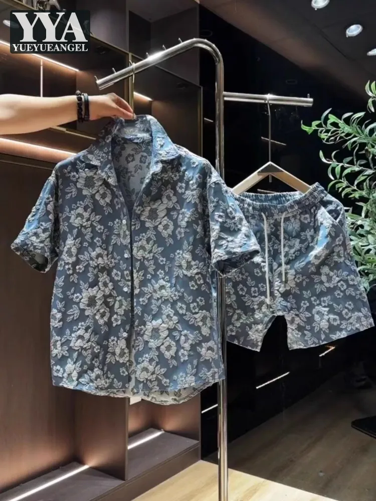 Summer Mens Floral Embossed Casual Beach Set Short Sleeve Shirt Elastic Waist Knee Length Shorts Two Piece Sets Holiday Outfits