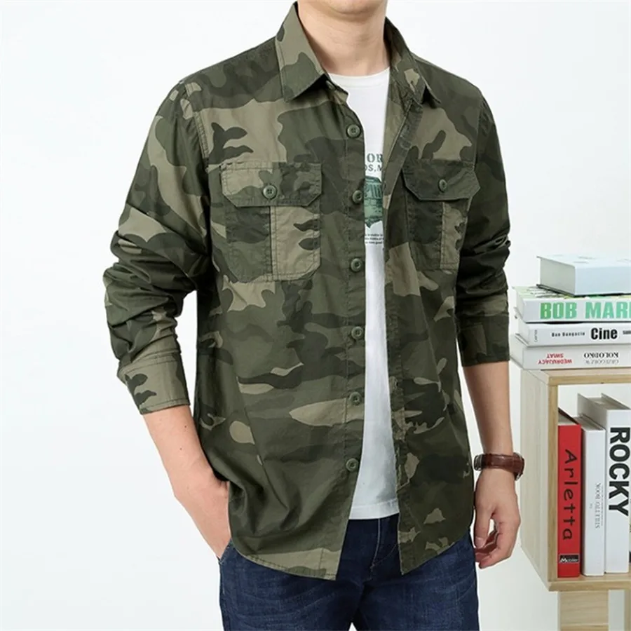 

2026 Мужская рубашка-карго с длинным рукавом для тренировок на открытом воздухе, походная спортивная рубашка, хлопковая повседневная рабочая одежда с камуфляжным принтом, мужская одежда